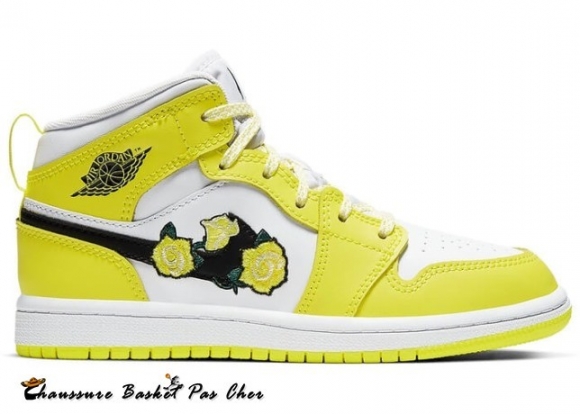 Air Jordan 1 "Mid Dynamic Jaune Floral" (Ps) Blanc Noir (AV5173-700)