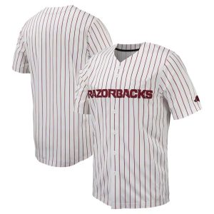 ArkansasRazorbacksPinstripeReplicaFull-ButtonBaseballJersey-White-1