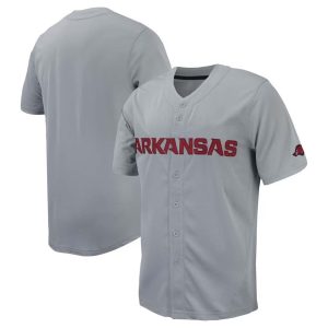 ArkansasRazorbacksReplicaFull-ButtonBaseballJersey-Gray