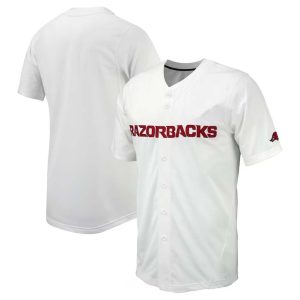 ArkansasRazorbacksReplicaFull-ButtonBaseballJersey-White-1