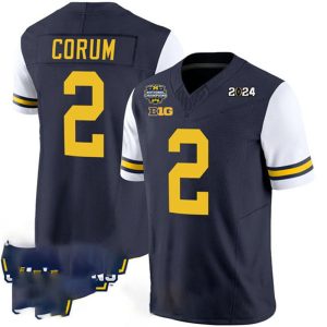 M.Wolverines_2BlakeCorumNavyWhite2024F.U.S.E.With2023NationalChampionsPatchStitchedJersey