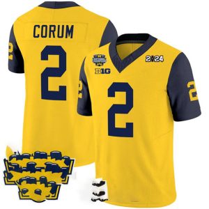M.Wolverines_2BlakeCorumYellowNavy2024F.U.S.E.With2023NationalChampionsPatchStitchedJersey